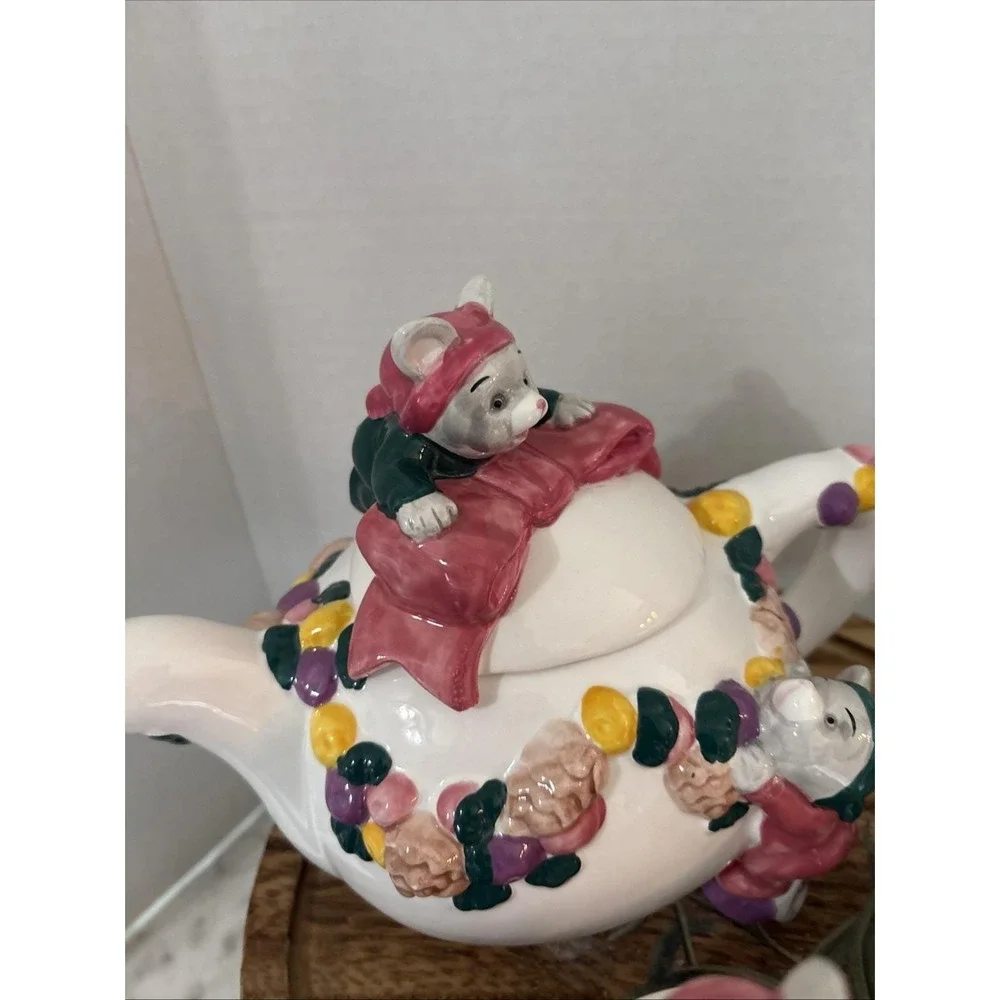 Cat Mouse Applause Inc 5 Pc Set Tea Pot Creamer Napkin Holder Lids Clock Pink